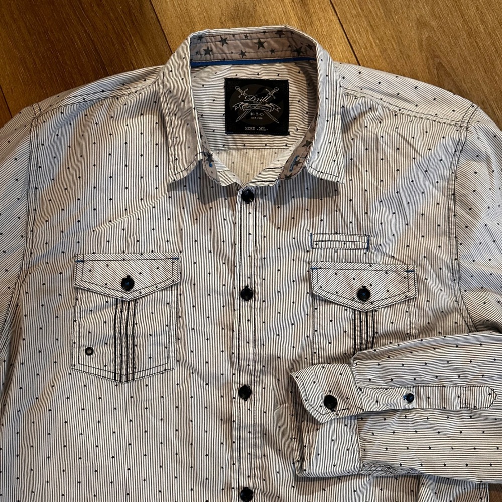 Drill Clothing Company Mens XL Button Down Shirt White Blue Star Stripe Long Slv